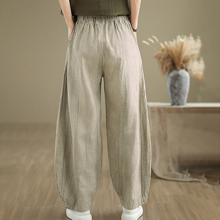 Buddha Stones Plain Color Wrinkled Design Elastic Waistband Cotton Linen Women's Pants With Pockets