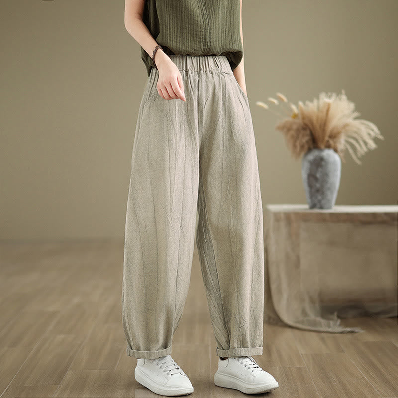 Buddha Stones Plain Color Wrinkled Design Elastic Waistband Cotton Linen Women's Pants With Pockets