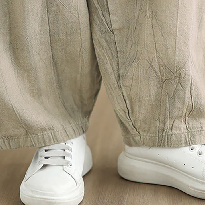 Buddha Stones Plain Color Wrinkled Design Elastic Waistband Cotton Linen Women's Pants With Pockets - image 14