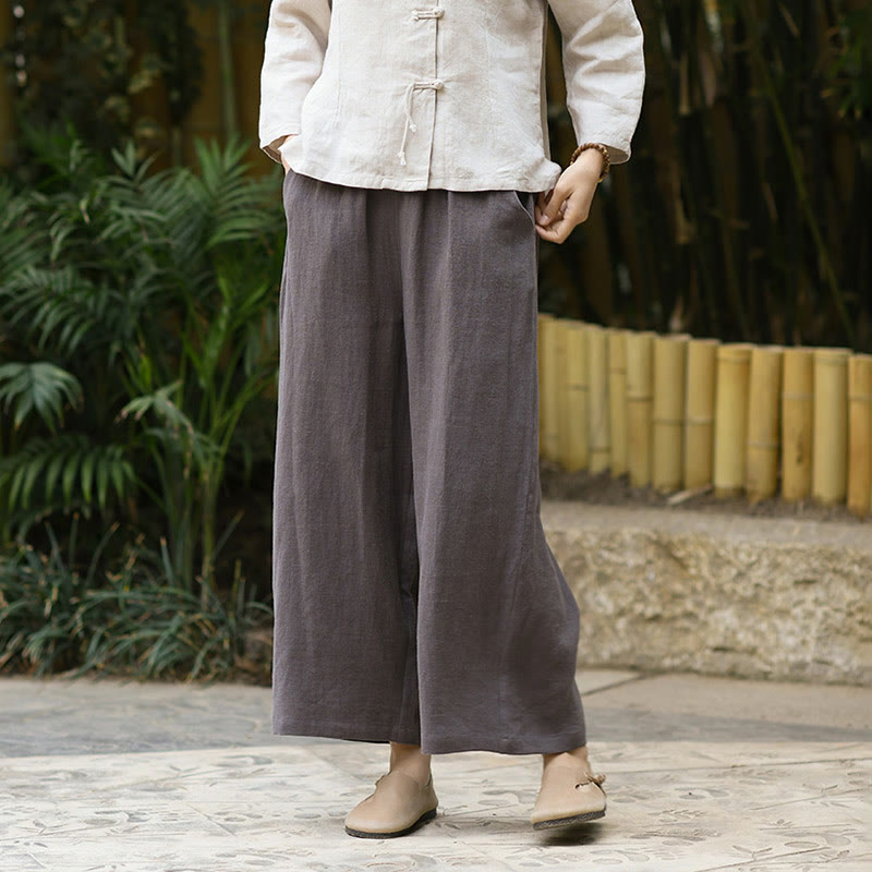 Buddha Stones Casual Plain Solid Color Elastic Linen Women's Pants With Pockets