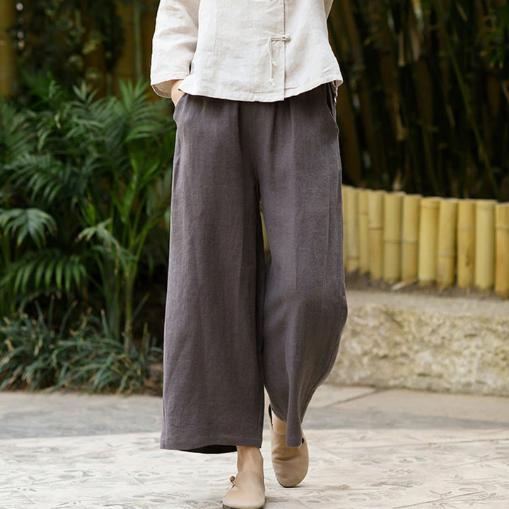 Buddha Stones Casual Plain Solid Color Elastic Linen Women's Pants With Pockets