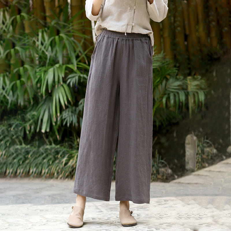 Buddha Stones Casual Plain Solid Color Elastic Linen Women's Pants With Pockets