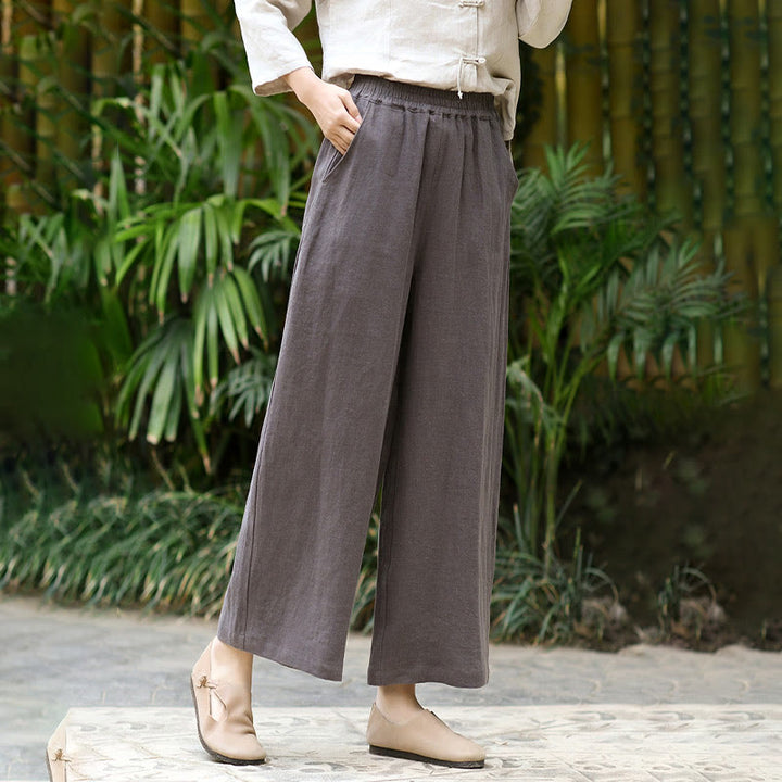 Buddha Stones Casual Plain Solid Color Elastic Linen Women's Pants With Pockets