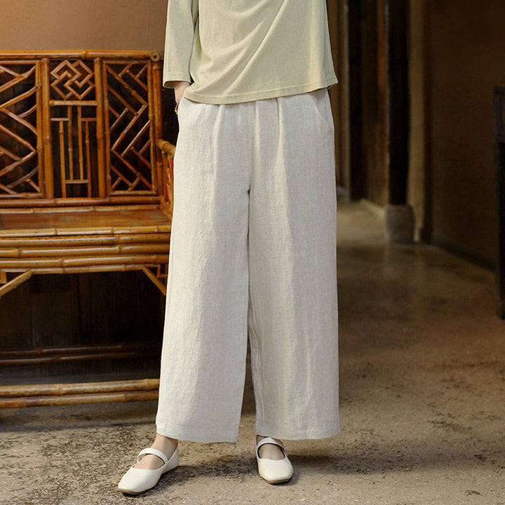 Buddha Stones Casual Plain Solid Color Elastic Linen Women's Pants With Pockets