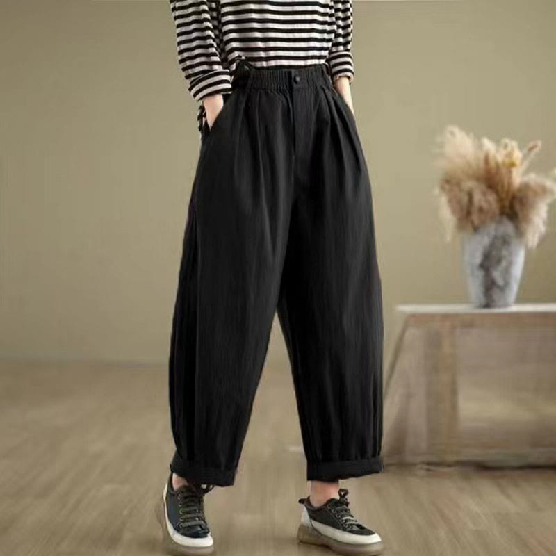 Buddha Stones Casual Solid Color One Top Button Elastic Waistband Cotton Linen Women's Pants With Pockets