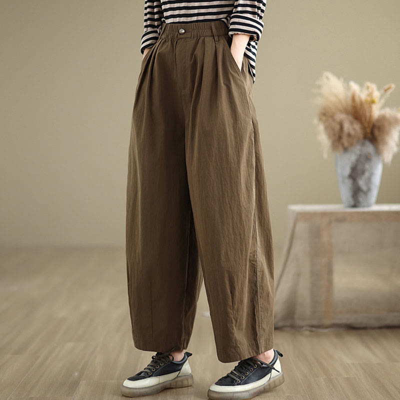 Buddha Stones Casual Solid Color One Top Button Elastic Waistband Women's Pants With Pockets - image 4