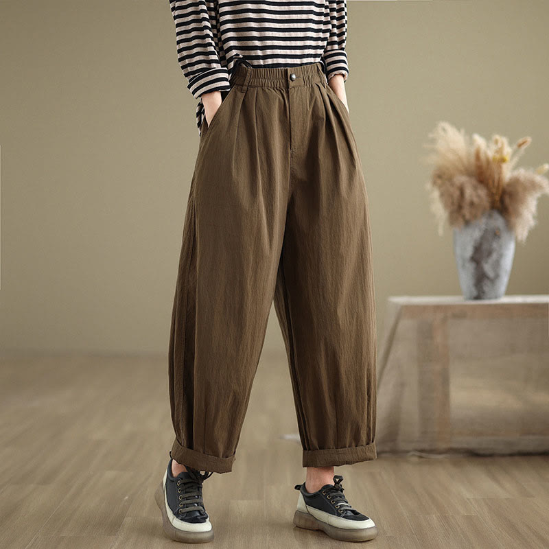 Buddha Stones Casual Solid Color One Top Button Elastic Waistband Women's Pants With Pockets - DarkGoldenrod - US8-10，UK/AU12-14，EU40-42 (2XL) - image 0