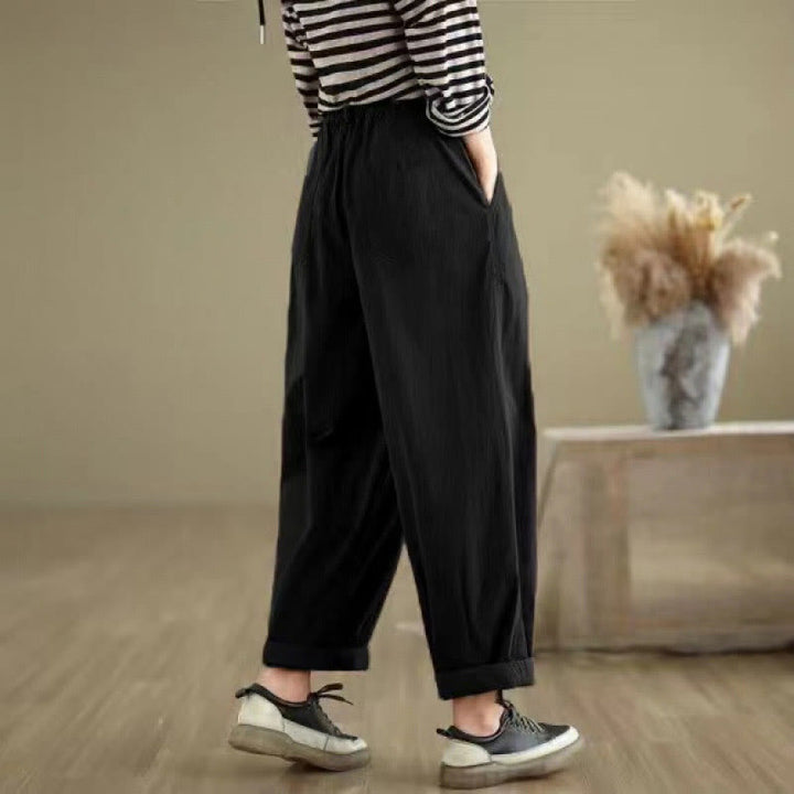 Buddha Stones Casual Solid Color One Top Button Elastic Waistband Cotton Linen Women's Pants With Pockets