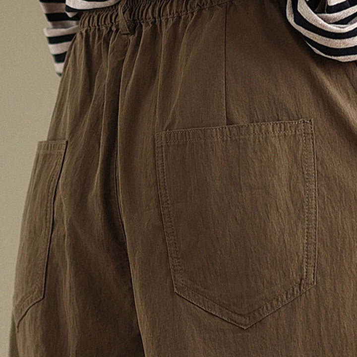Buddha Stones Casual Solid Color One Top Button Elastic Waistband Women's Pants With Pockets - image 9