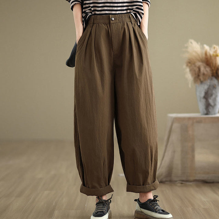 Buddha Stones Casual Solid Color One Top Button Elastic Waistband Cotton Linen Women's Pants With Pockets