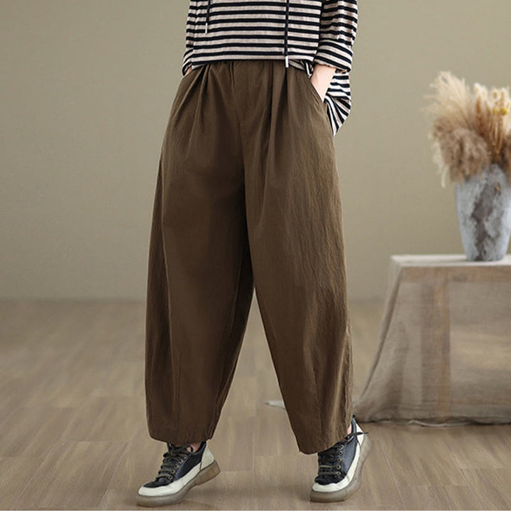 Buddha Stones Casual Solid Color One Top Button Elastic Waistband Women's Pants With Pockets - image 3