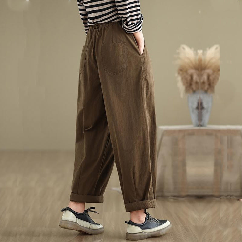 Buddha Stones Casual Solid Color One Top Button Elastic Waistband Women's Pants With Pockets - image 5