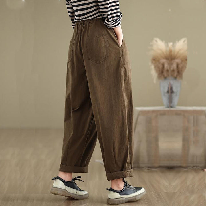 Buddha Stones Casual Solid Color One Top Button Elastic Waistband Women's Pants With Pockets - image 5