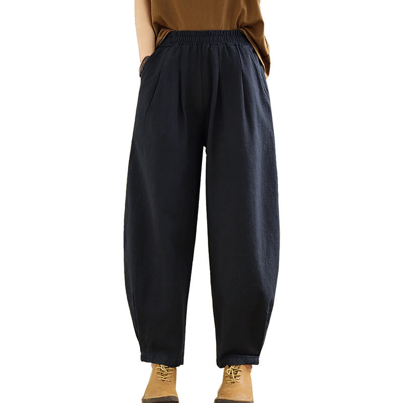 Buddha Stones Casual Solid Color Tapered Elastic Waistband Cotton Linen Women's Pants With Pockets - image 25