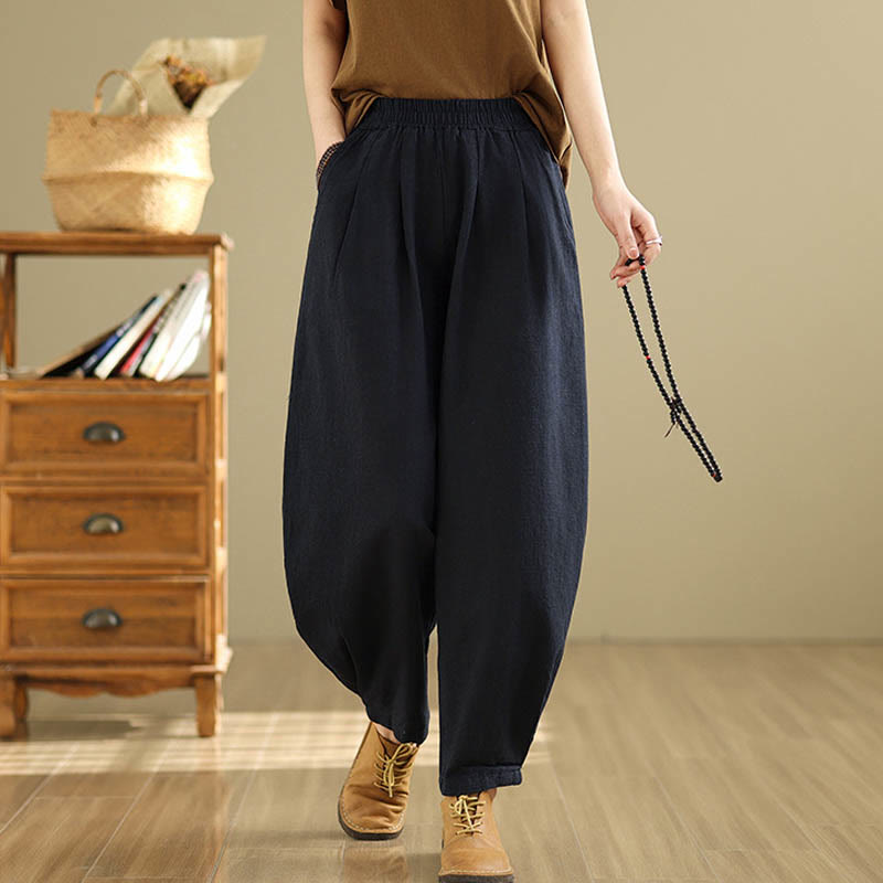 Buddha Stones Casual Solid Color Tapered Elastic Waistband Cotton Linen Women's Pants With Pockets