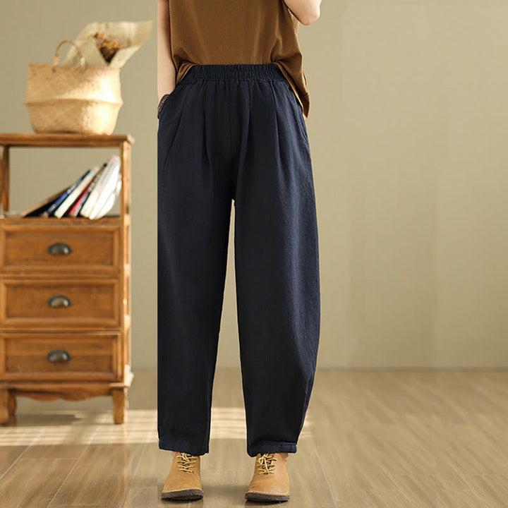 Buddha Stones Casual Solid Color Tapered Elastic Waistband Cotton Linen Women's Pants With Pockets