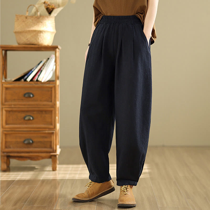 Buddha Stones Casual Solid Color Tapered Elastic Waistband Cotton Linen Women's Pants With Pockets - image 23