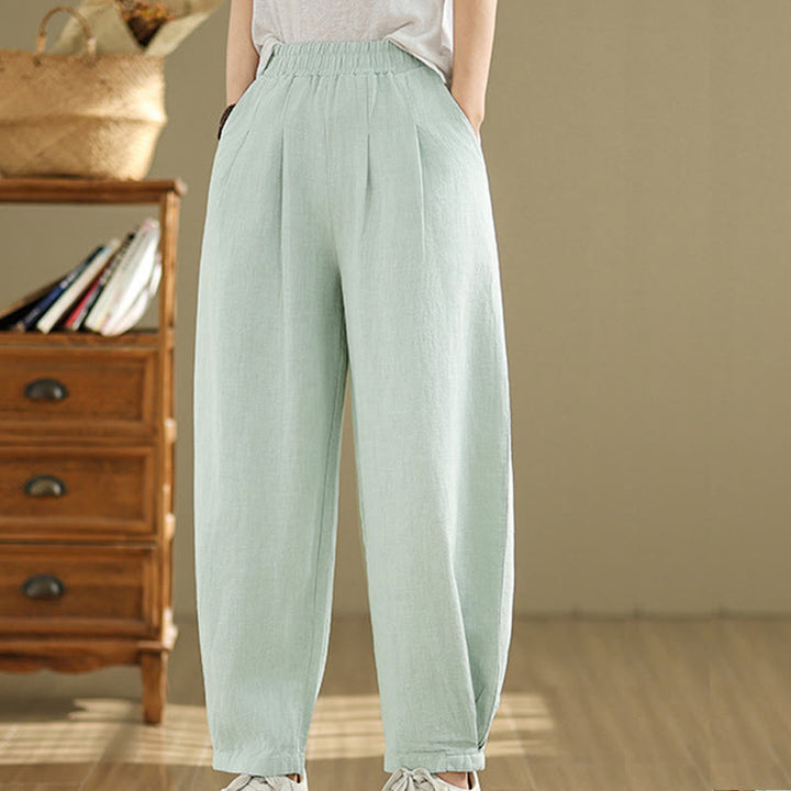 Buddha Stones Casual Solid Color Tapered Elastic Waistband Cotton Linen Women's Pants With Pockets