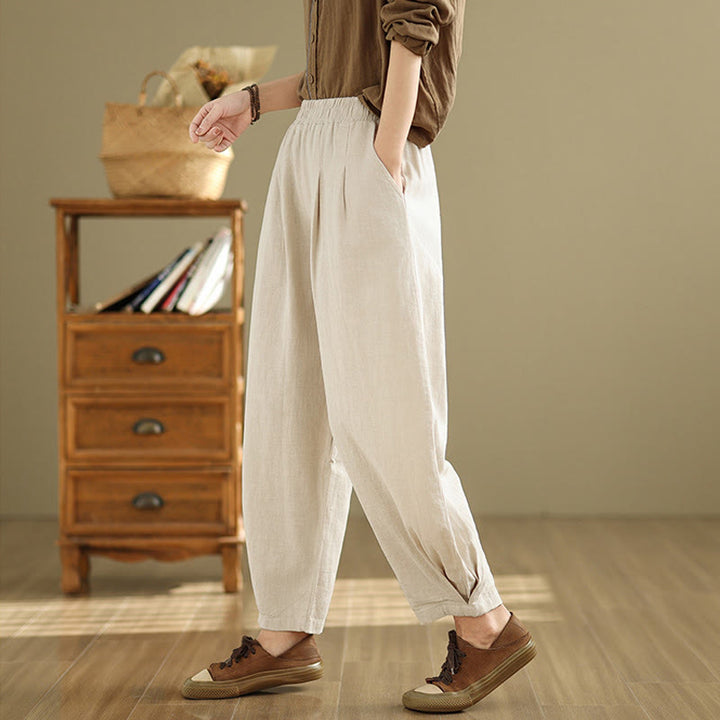 Buddha Stones Casual Solid Color Tapered Elastic Waistband Cotton Linen Women's Pants With Pockets