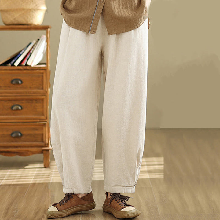 Buddha Stones Casual Solid Color Tapered Elastic Waistband Cotton Linen Women's Pants With Pockets - image 11