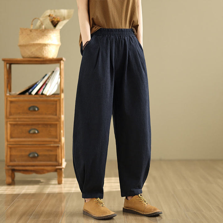 Buddha Stones Casual Solid Color Tapered Elastic Waistband Cotton Linen Women's Pants With Pockets - image 24