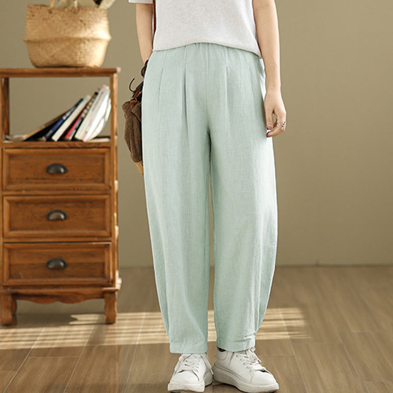 Buddha Stones Casual Solid Color Tapered Elastic Waistband Cotton Linen Women's Pants With Pockets