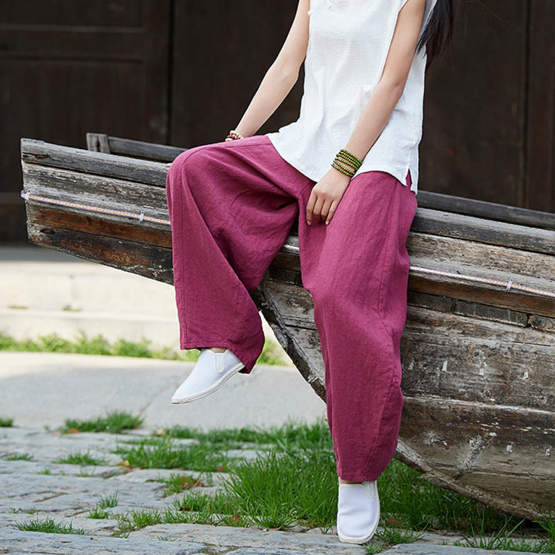 Buddha Stones Casual Plain Color Elastic Waistband Fleece Lined Cotton Ramie Women's Pants With Pockets - image 19