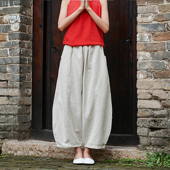Buddha Stones Casual Plain Color Elastic Waistband Fleece Lined Cotton Ramie Women's Pants With Pockets - image 7