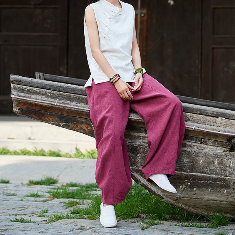 Buddha Stones Casual Plain Color Elastic Waistband Fleece Lined Cotton Ramie Women's Pants With Pockets