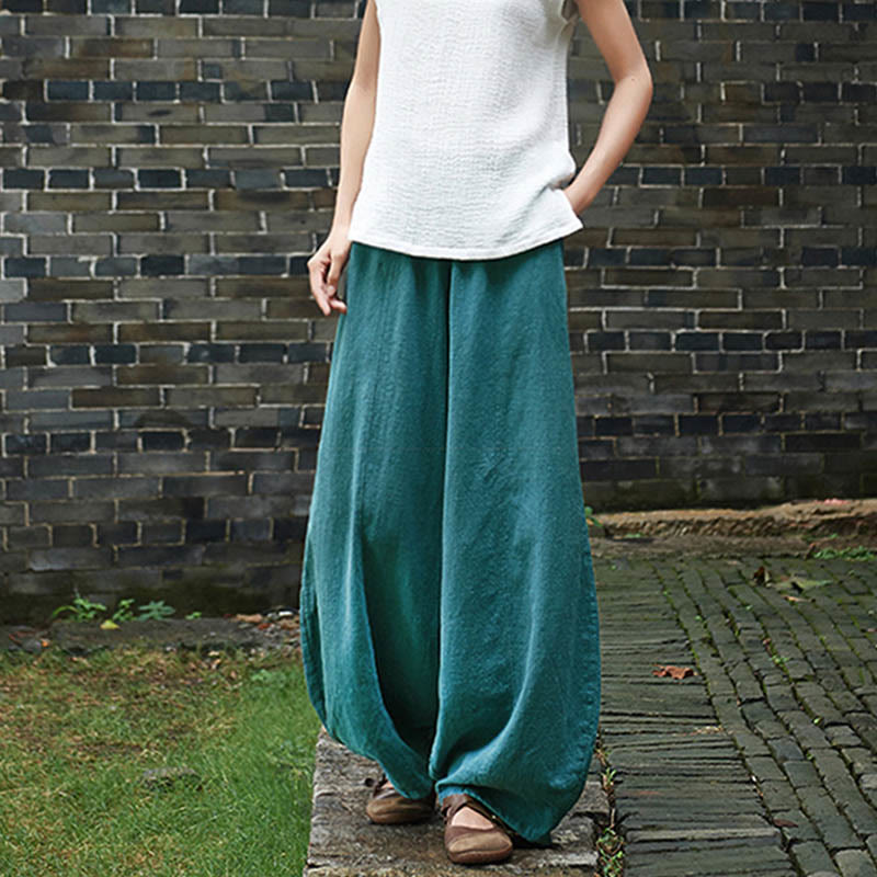 Buddha Stones Casual Plain Color Elastic Waistband Fleece Lined Cotton Ramie Women's Pants With Pockets - image 45