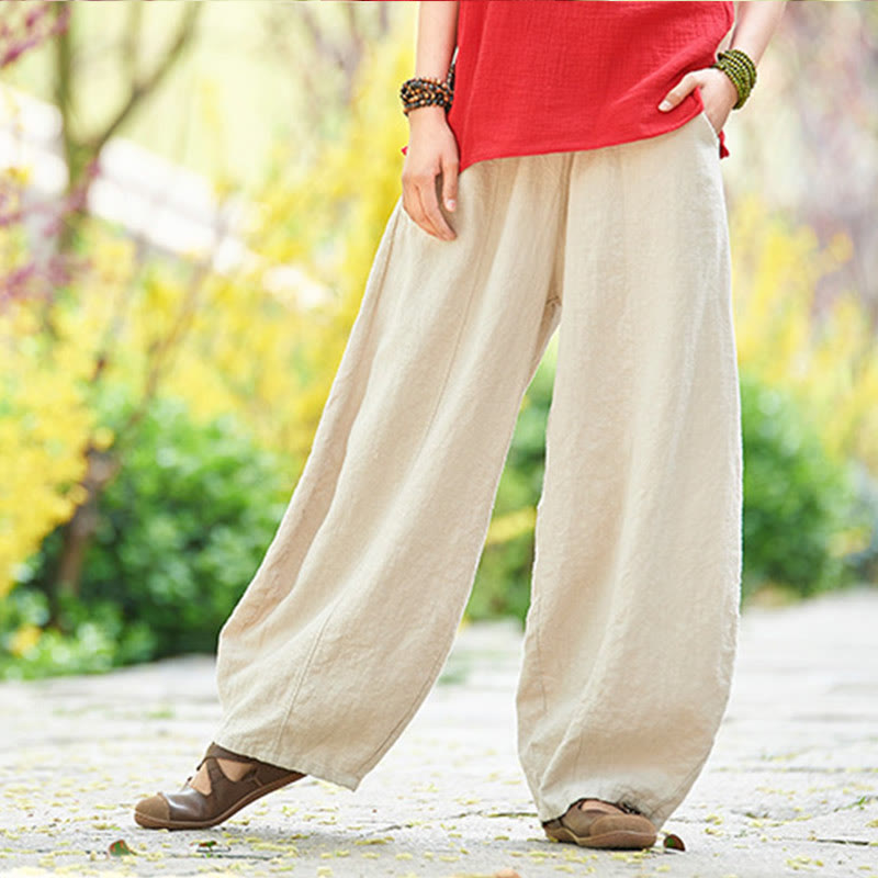 Buddha Stones Casual Plain Color Elastic Waistband Fleece Lined Cotton Ramie Women's Pants With Pockets - image 3