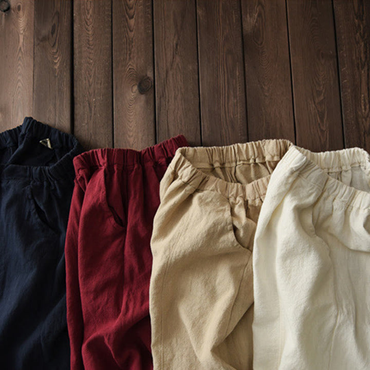 Buddha Stones Casual Plain Color Elastic Waistband Fleece Lined Cotton Ramie Women's Pants With Pockets - image 49