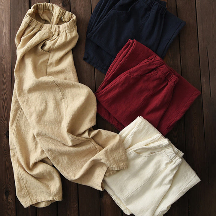 Buddha Stones Casual Plain Color Elastic Waistband Fleece Lined Cotton Ramie Women's Pants With Pockets