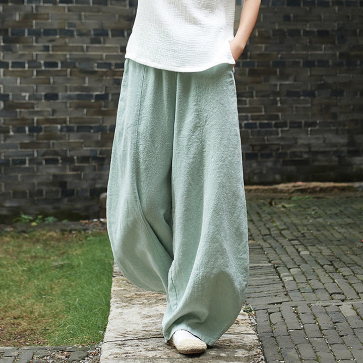 Buddha Stones Casual Plain Color Elastic Waistband Fleece Lined Cotton Ramie Women's Pants With Pockets - image 37