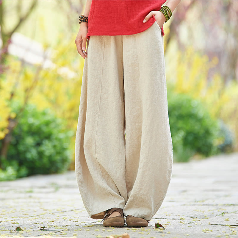 Buddha Stones Casual Plain Color Elastic Waistband Fleece Lined Cotton Ramie Women's Pants With Pockets - Beige - US4，UK/AU8，EU36 (L) - image 0