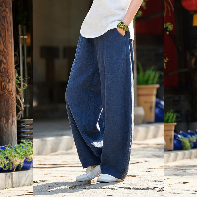 Buddha Stones Casual Plain Color Elastic Waistband Fleece Lined Cotton Ramie Women's Pants With Pockets - image 31
