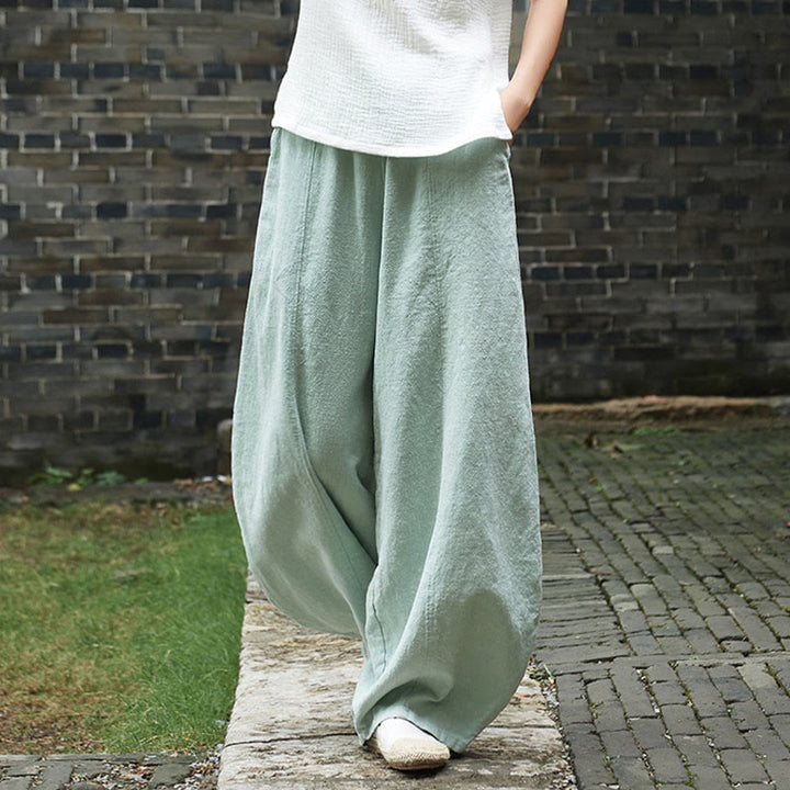 Buddha Stones Casual Plain Color Elastic Waistband Fleece Lined Cotton Ramie Women's Pants With Pockets