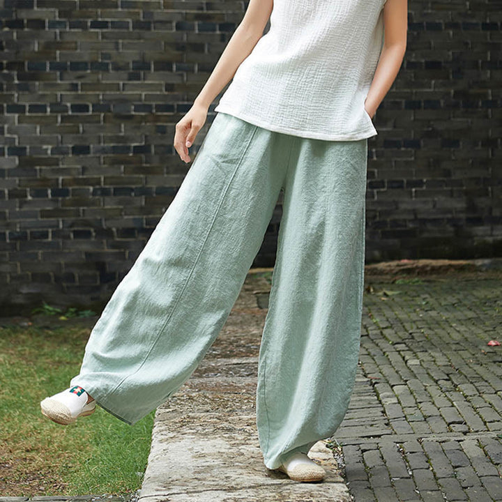 Buddha Stones Casual Plain Color Elastic Waistband Fleece Lined Cotton Ramie Women's Pants With Pockets - image 38