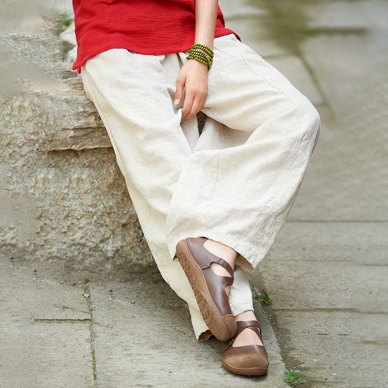 Buddha Stones Casual Plain Color Elastic Waistband Fleece Lined Cotton Ramie Women's Pants With Pockets - image 6