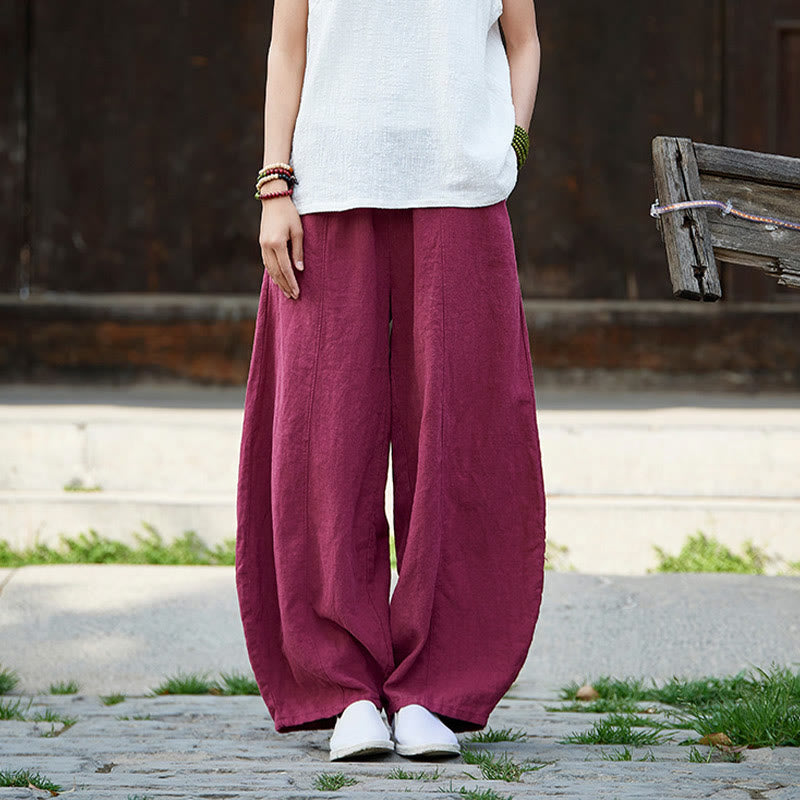 Buddha Stones Casual Plain Color Elastic Waistband Fleece Lined Cotton Ramie Women's Pants With Pockets - image 12