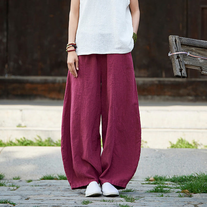 Buddha Stones Casual Plain Color Elastic Waistband Fleece Lined Cotton Ramie Women's Pants With Pockets - image 12