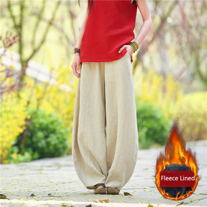 Buddha Stones Casual Plain Color Elastic Waistband Fleece Lined Cotton Ramie Women's Pants With Pockets - Beige(Fleece Lined) - US4，UK/AU8，EU36 (L) - image 46