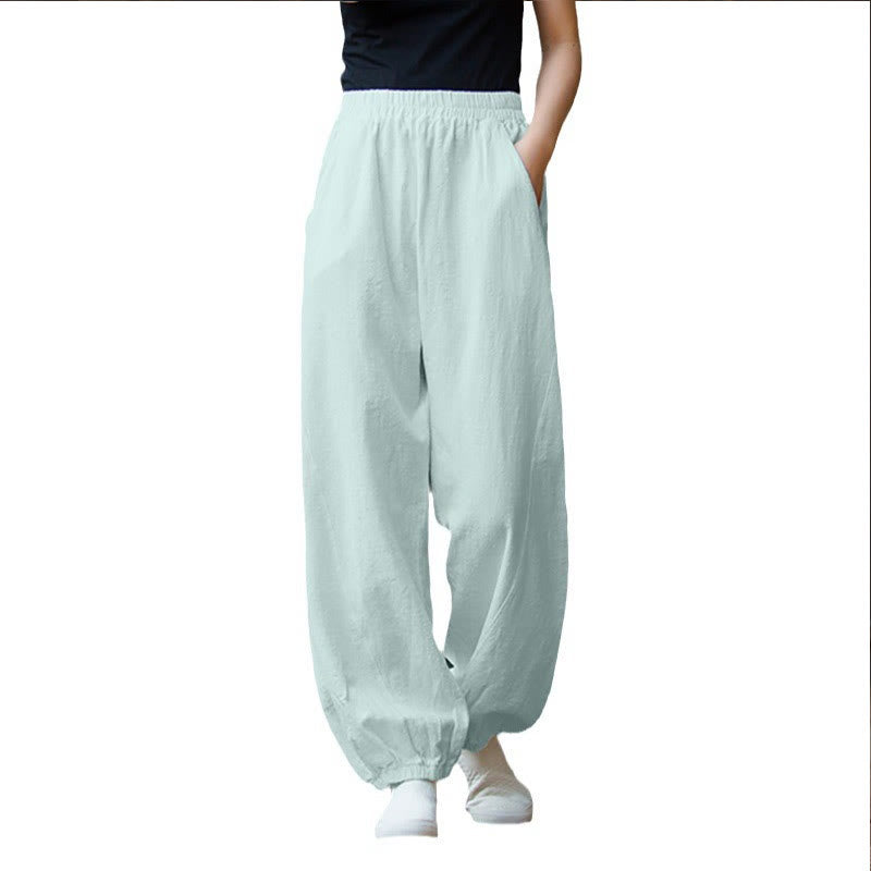 Buddha Stones Casual Solid Plain Color Carrot Elastic Waistband Cotton Ramie Women's Pants With Pockets - image 37