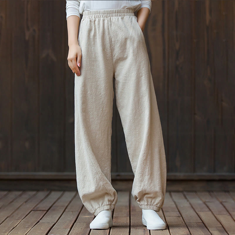 Buddha Stones Casual Solid Plain Color Carrot Elastic Waistband Cotton Ramie Women's Pants With Pockets - image 22