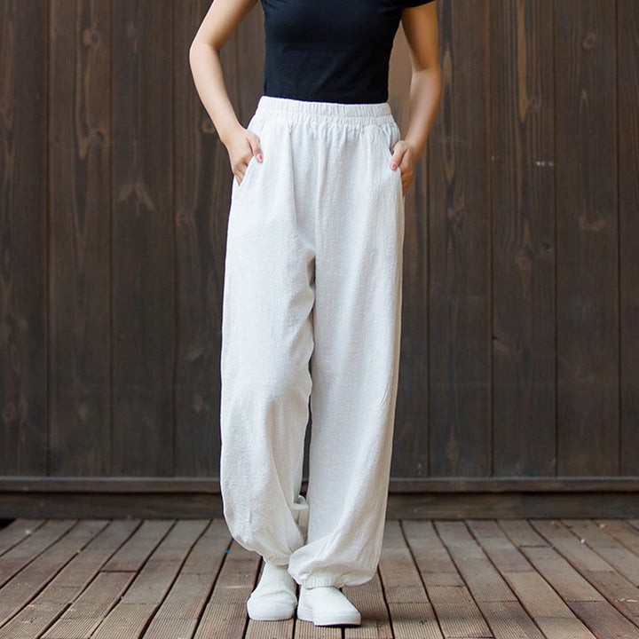 Buddha Stones Casual Solid Plain Color Carrot Elastic Waistband Cotton Ramie Women's Pants With Pockets - image 8