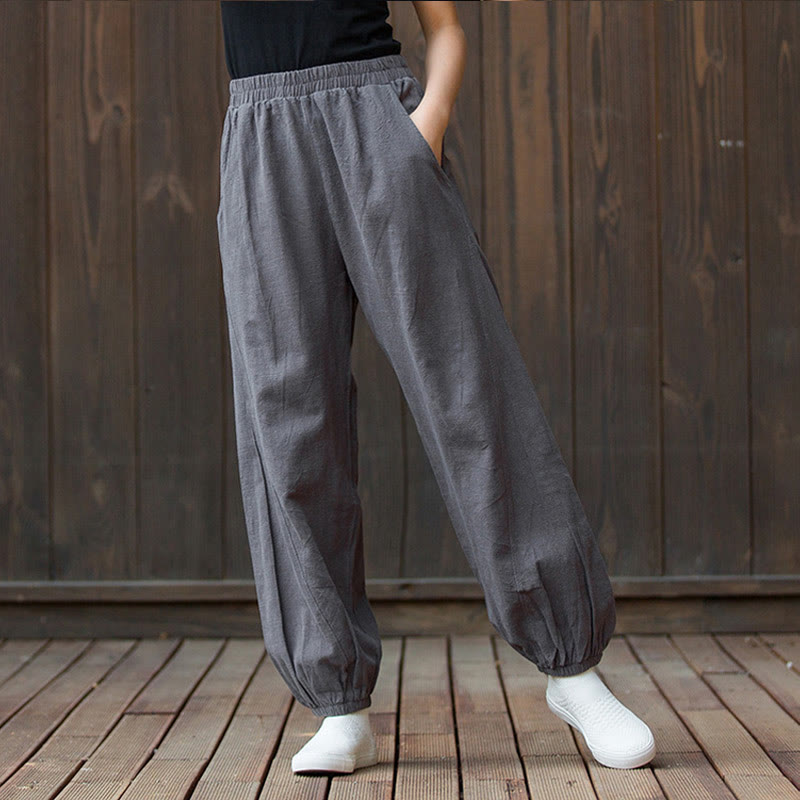 Buddha Stones Casual Solid Plain Color Carrot Elastic Waistband Cotton Ramie Women's Pants With Pockets