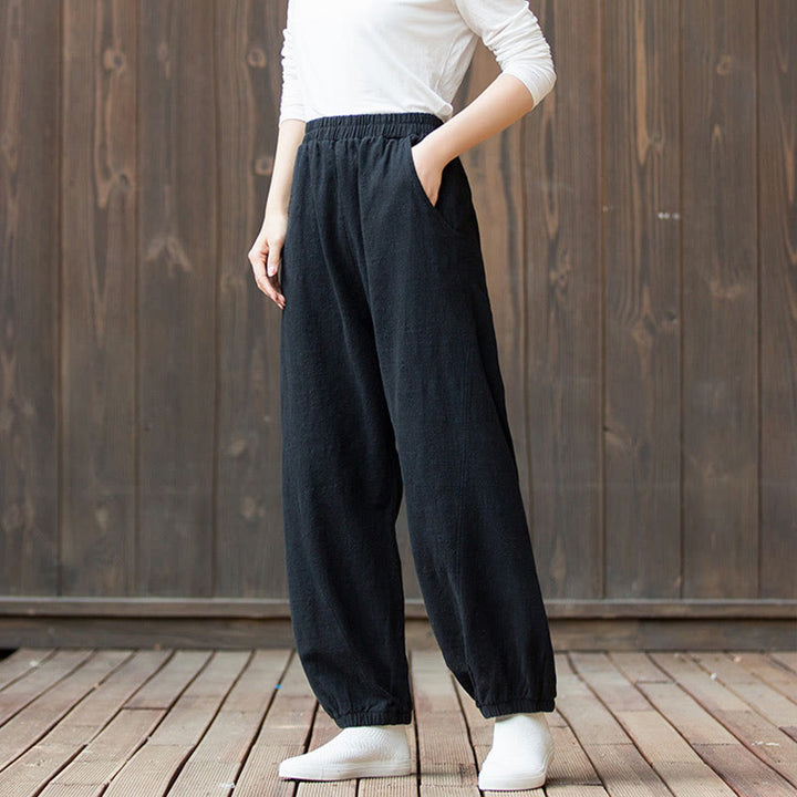 Buddha Stones Casual Solid Plain Color Carrot Elastic Waistband Cotton Ramie Women's Pants With Pockets