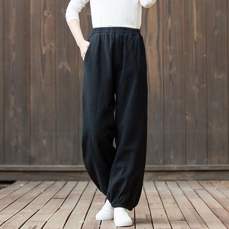 Buddha Stones Casual Solid Plain Color Carrot Elastic Waistband Cotton Ramie Women's Pants With Pockets - image 14