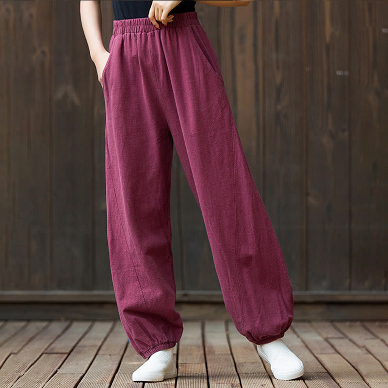 Buddha Stones Casual Solid Plain Color Carrot Elastic Waistband Cotton Ramie Women's Pants With Pockets - image 4
