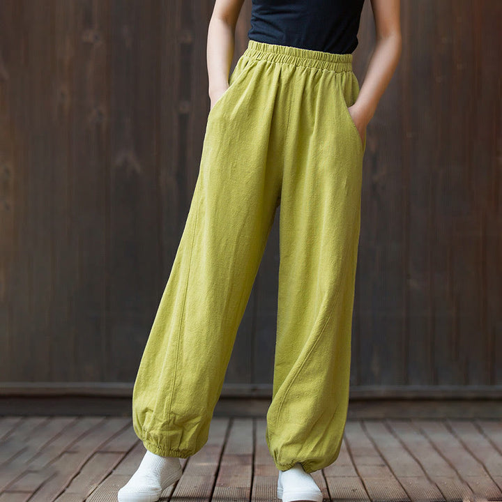 Buddha Stones Casual Solid Plain Color Carrot Elastic Waistband Cotton Ramie Women's Pants With Pockets - image 26
